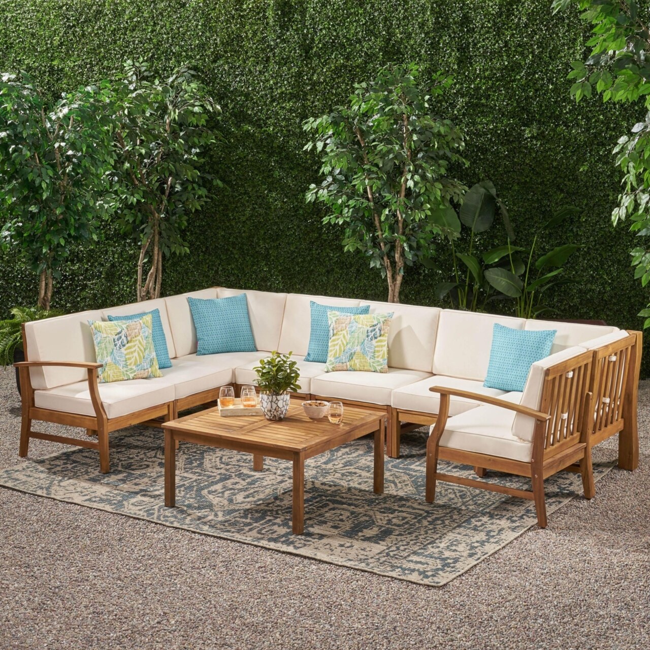 GDFStudio Scarlett Outdoor 8 Seat Teak Finished Acacia Wood Sectional Sofa and Table Set